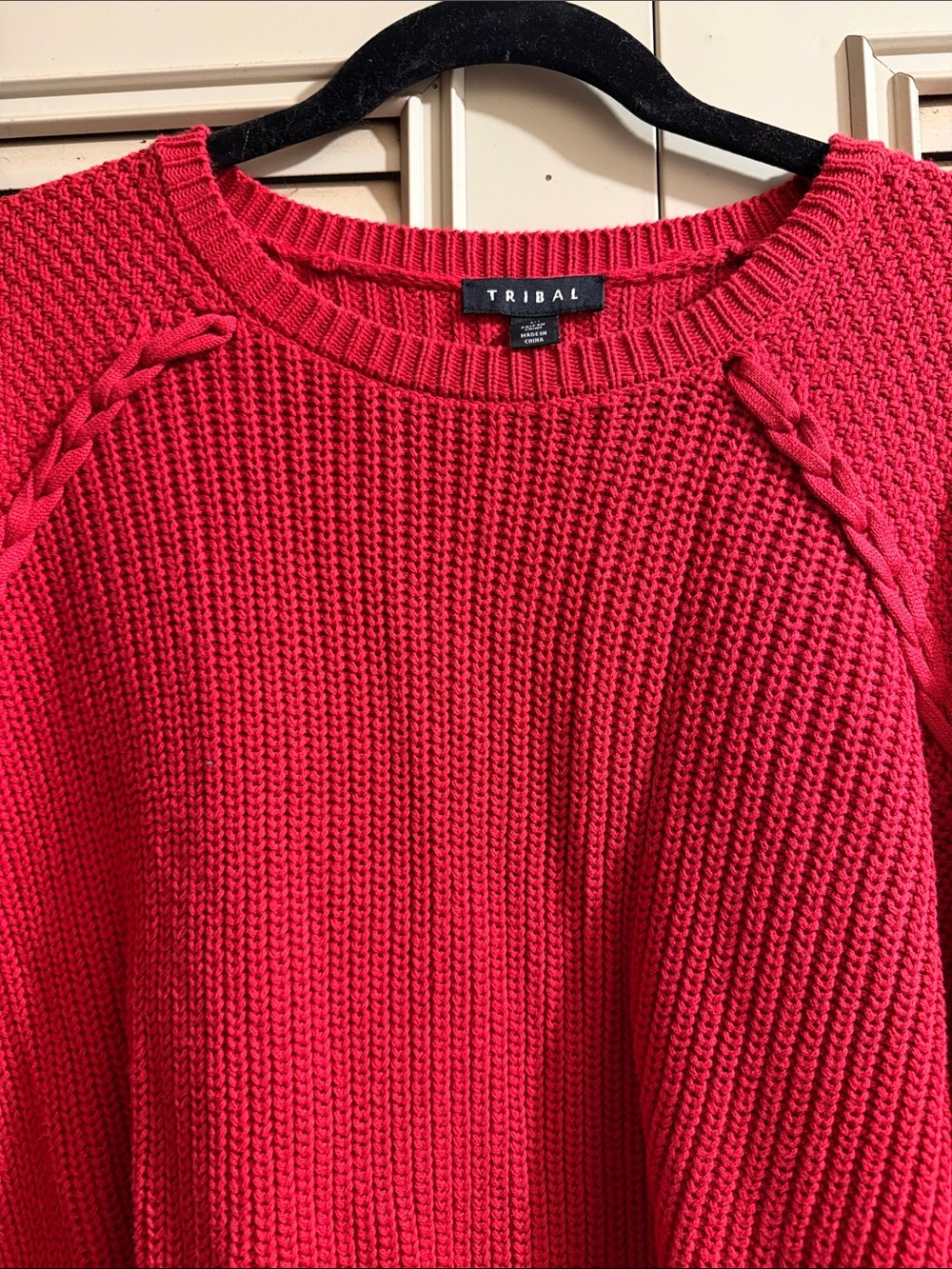 Tribal Women's Bright Red Braided Shoulder Crewneck Sweater